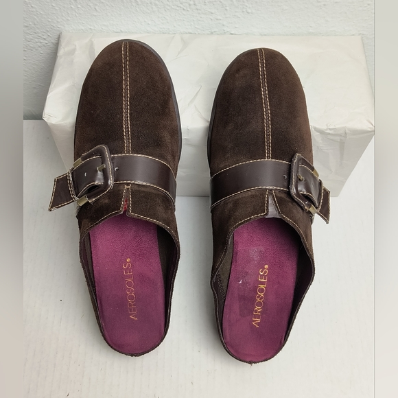 AEROSOLES Brown Mules with Wedge Heel and Buckle Detail Size 8.5M - Picture 2 of 10